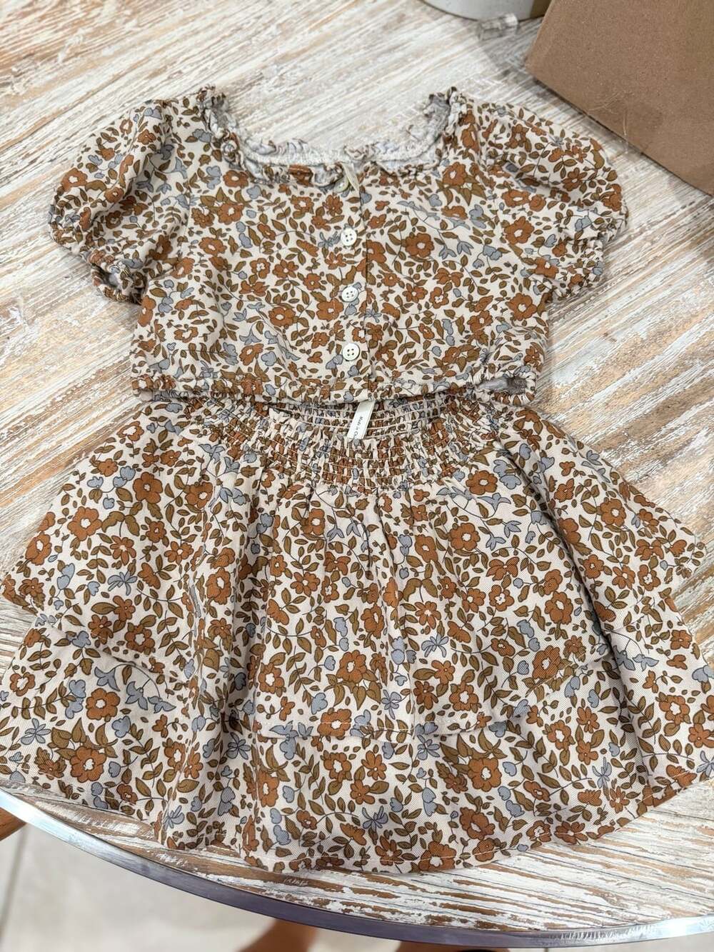 Rylee + Cru Floral Skirt & Top Size 2-3Y Brown Viscose Smocked Short Sleeve